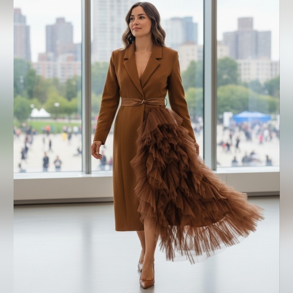 Elegant Asymmetrical  Tulle Full Length Jacket Dress in Warm Brown